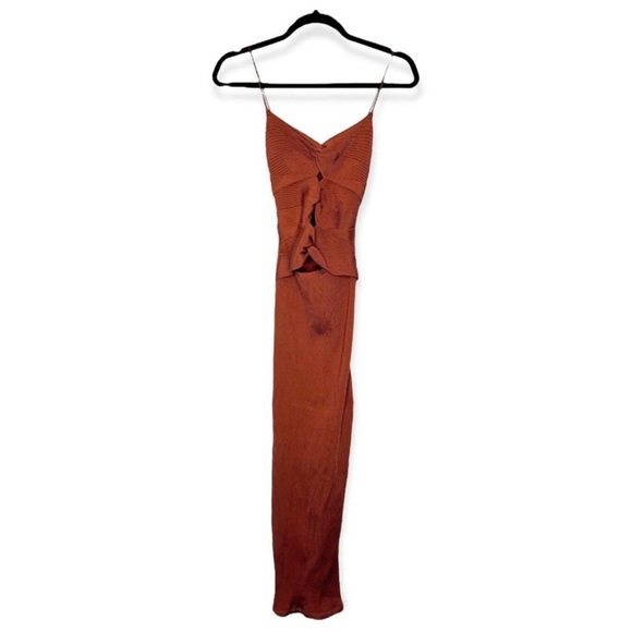 Cult Gaia Honey Dress in Clay Brown/Orange Amber Ruched Knit Knotted, Size XS - Picture 5 of 11